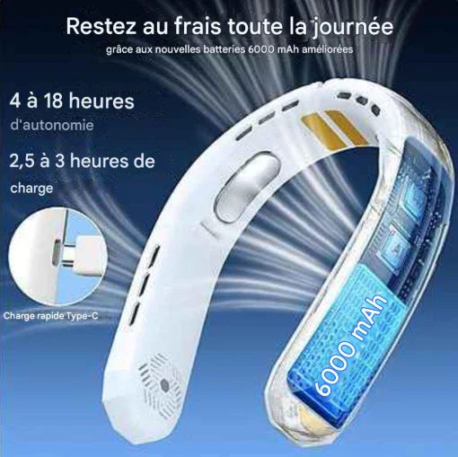 Ventilateur de cou pliable turbo portable 360° – Sécurité et autonomie longue durée Gemalys™