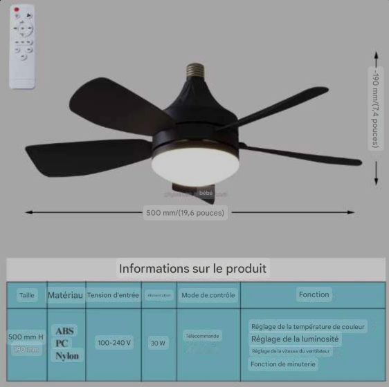 Ventilateur de plafond LED moderne rotatif 360° avec télécommande et variateur couleur Gemalys™