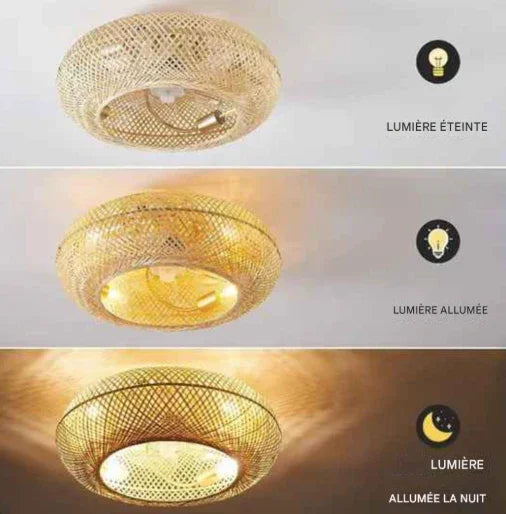 Ventilateur de plafond silencieux 50 cm avec 6 vitesses et lampe en rotin naturel tissé Gemalys™