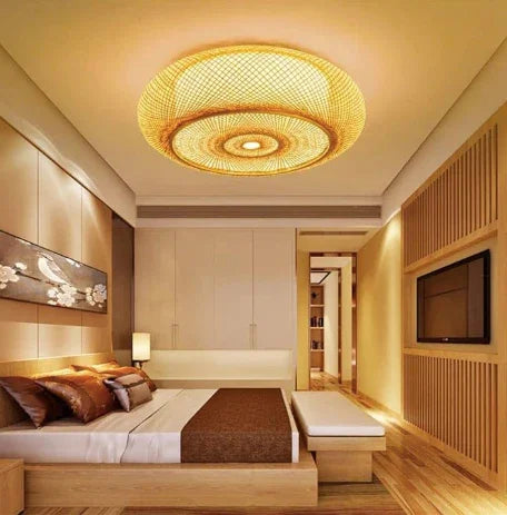 Ventilateur de plafond silencieux 50 cm avec 6 vitesses et lampe en rotin naturel tissé Gemalys™