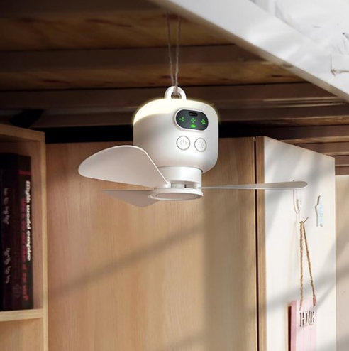 Ventilateur de camping portable rechargeable 8 000 mAh Plafonnier 3 pales amovibles, 4 vitesses, minuteur et télécommande, blanc Gemalys™