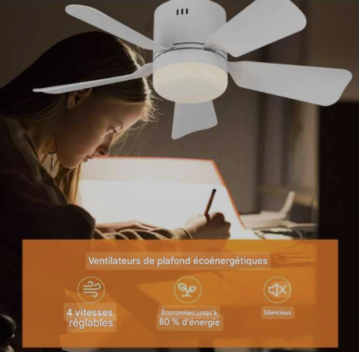 Ventilateur de plafond LED moderne rotatif 360° avec télécommande et variateur couleur Gemalys™