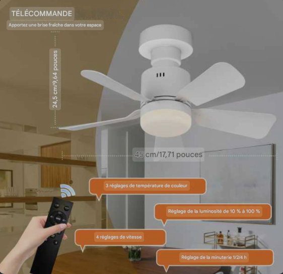 Ventilateur de plafond LED moderne rotatif 360° avec télécommande et variateur couleur Gemalys™