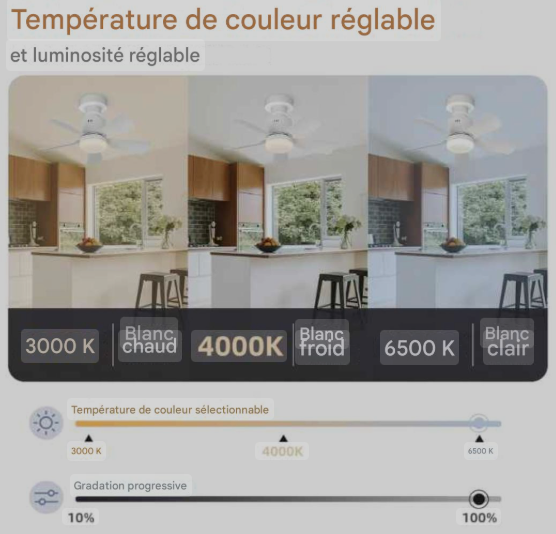 Ventilateur de plafond LED moderne rotatif 360° avec télécommande et variateur couleur Gemalys™